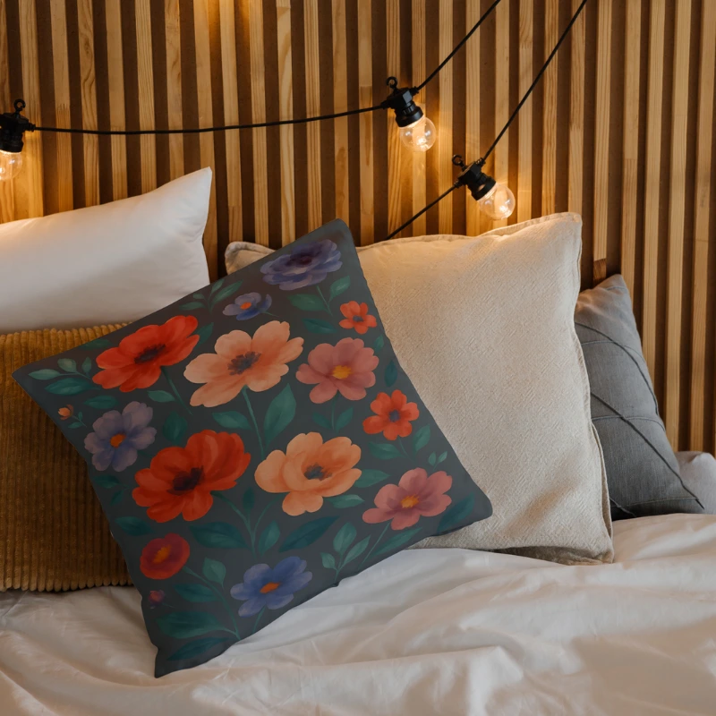 Watercolor garden throw pillow on bed with soft pastel bedding