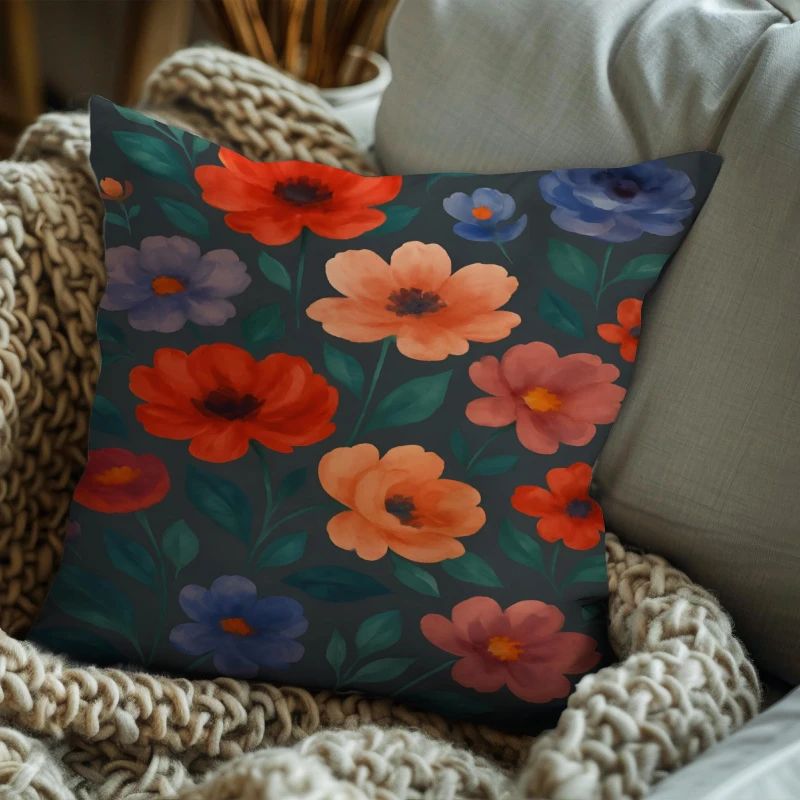 Watercolor floral pillow styled on contemporary sofa with neutral decor
