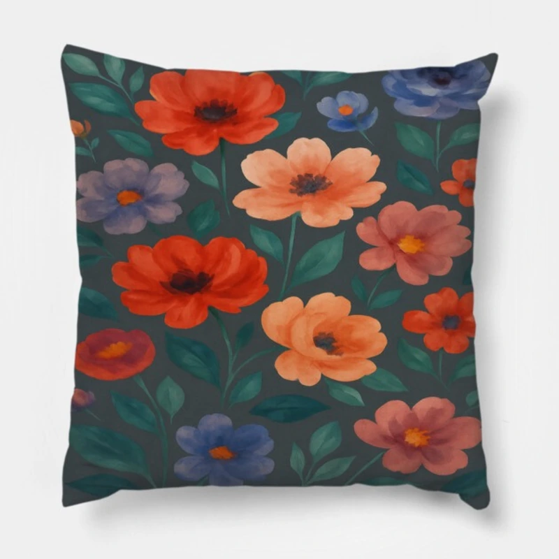 Watercolor floral throw pillow with coral, blush pink, and periwinkle flowers on gray background