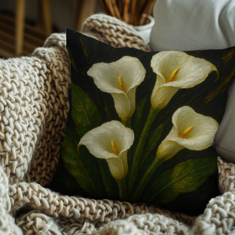 White calla lily impasto pillow on charcoal sofa with emerald leaves and metallic gold brush accents