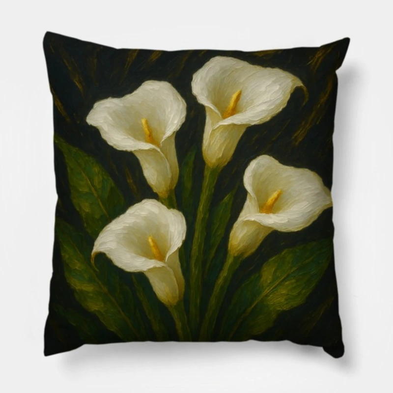 White calla lily bouquet in impasto oil, pearl and champagne-gold highlights on dark charcoal background