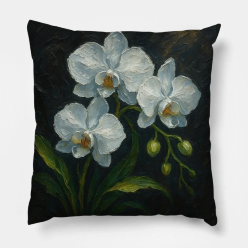 White orchid pillow with textured impasto petals in cool silver and lavender tones on charcoal background