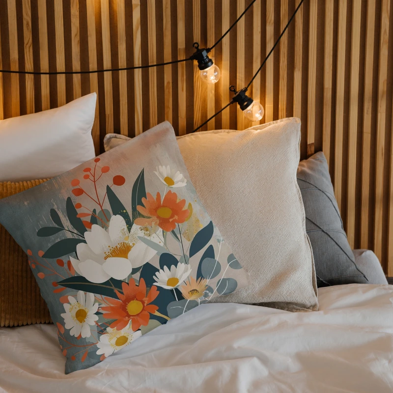 Wildflower vintage throw pillow on a cottage-style bed with floral linens