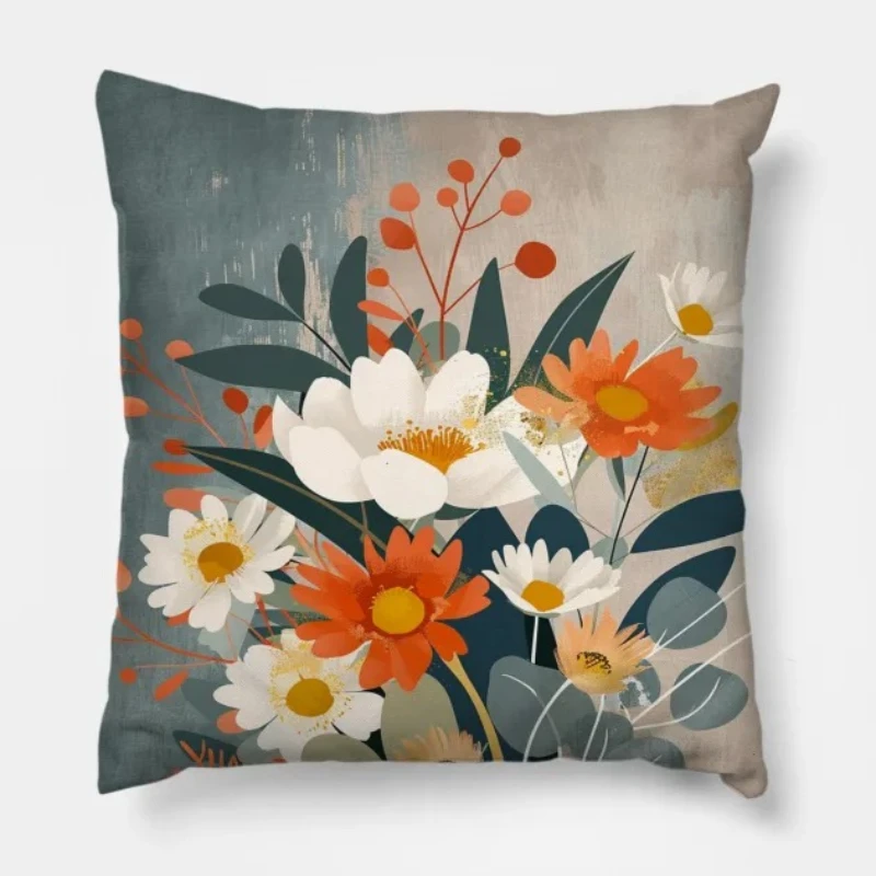Wildflower vintage botanical throw pillow featuring stylized vintage flower bouquet