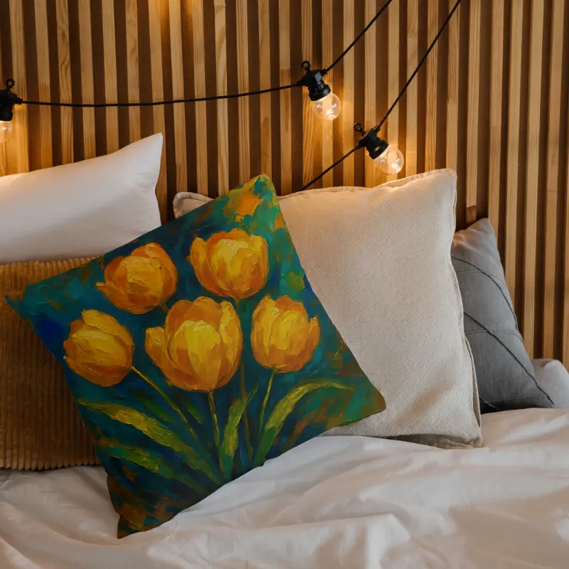 Golden yellow tulip impasto throw pillow on light bedding, turquoise and teal backdrop with subtle gold