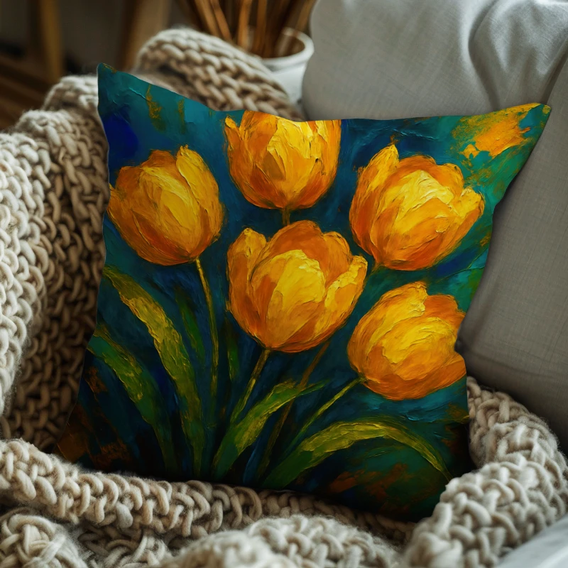Abstract yellow tulip impasto pillow on a charcoal sofa, teal and emerald background with gold accents