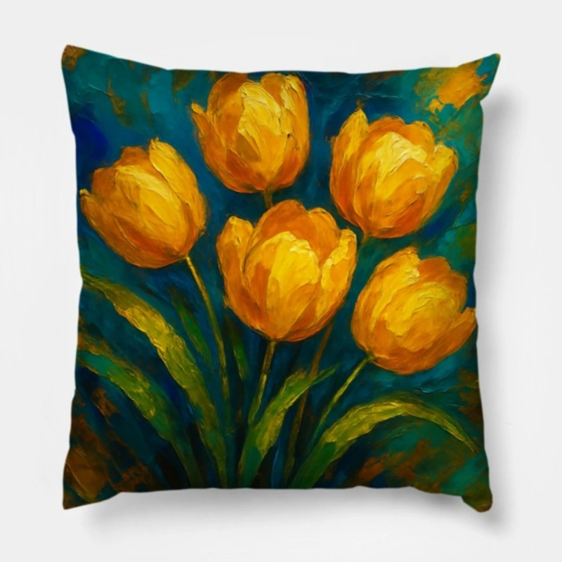 Yellow tulip pillow with impasto petals in marigold and amber on deep-teal and turquoise abstract backdrop